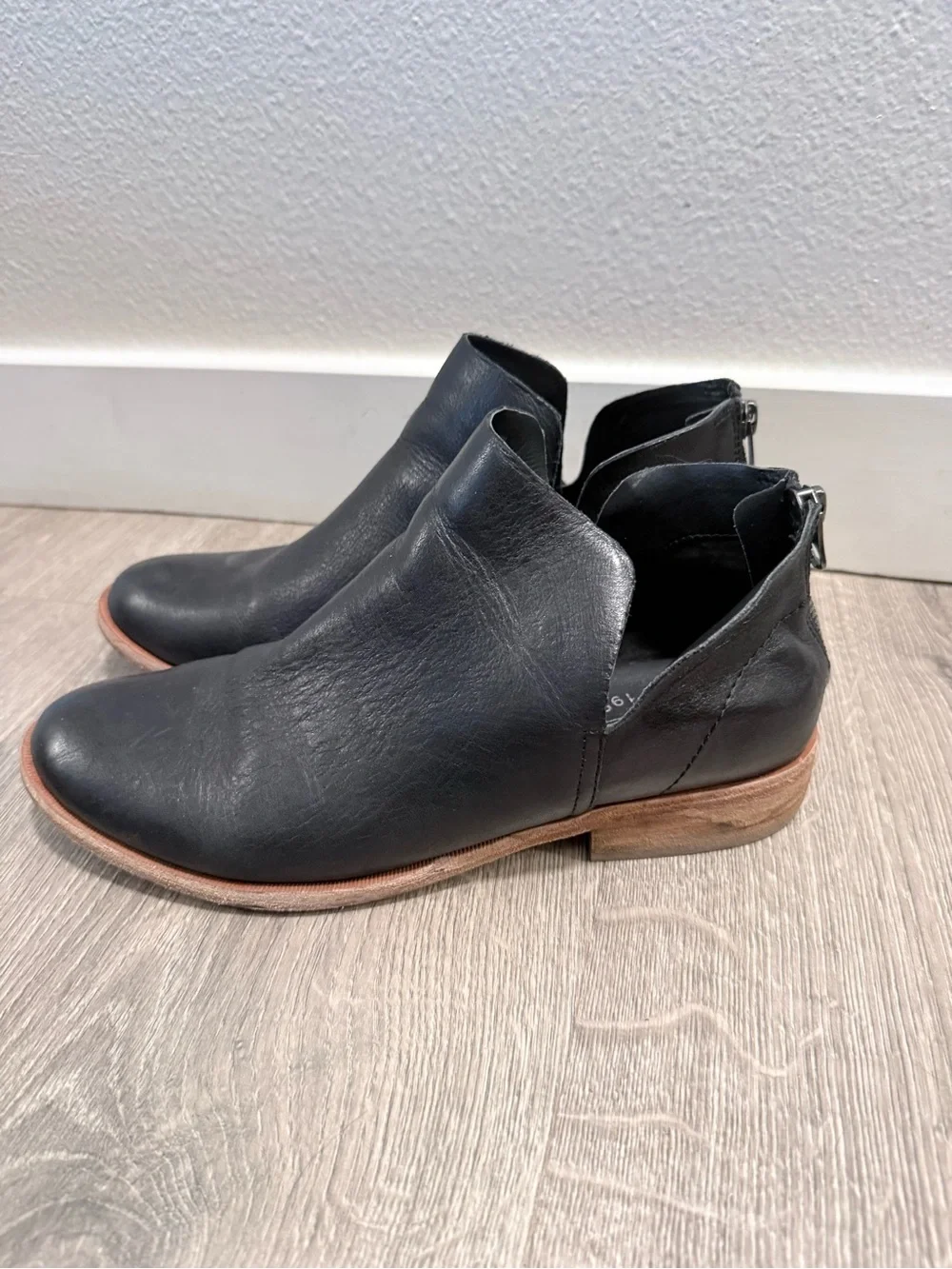 Kork-Ease Black Leather Side-Cut Ankle Booties with Wood Heel